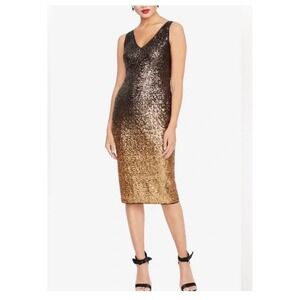 Rachel Roy Womens Ombre Sequin Sheath Dress Gold Bronze V-Neck Midi Size 6